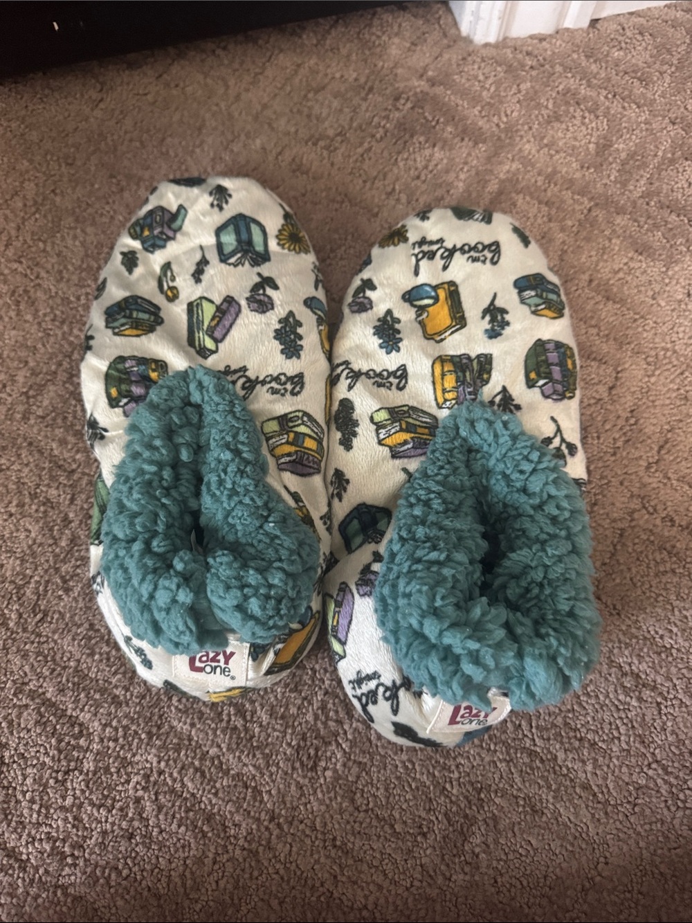 Lazy One Women’s Teal Plush Slipper One-Piece - Book Print